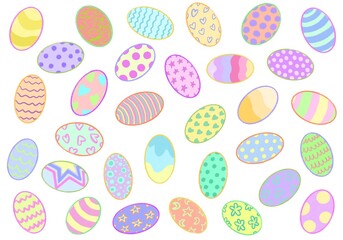 Hand drawn cartoon wallpapers with different multicolour Easter eggs. Pastel shades. Isolated on a white background.