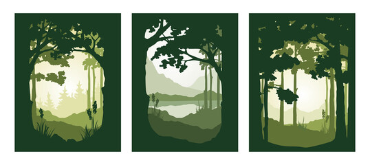 Fairy forest. Landscapes with mountains, trees, and pines. Nature in a frame of trees. Three vector illustrations.