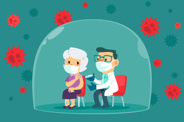 elderly woman with face mask get vaccinated by doctor inside glass dome