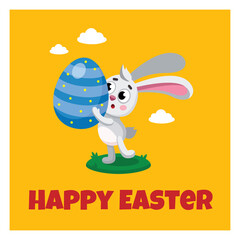Cute Vector illustration, banner, poster, greeting card of easter bunny is holding painted easter egg. Character, mascot design of easter rabbit, bunny.