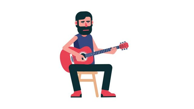 Bearded Man sings a song with acoustic guitar. Bard performance. 2d looped animation with alpha channel.