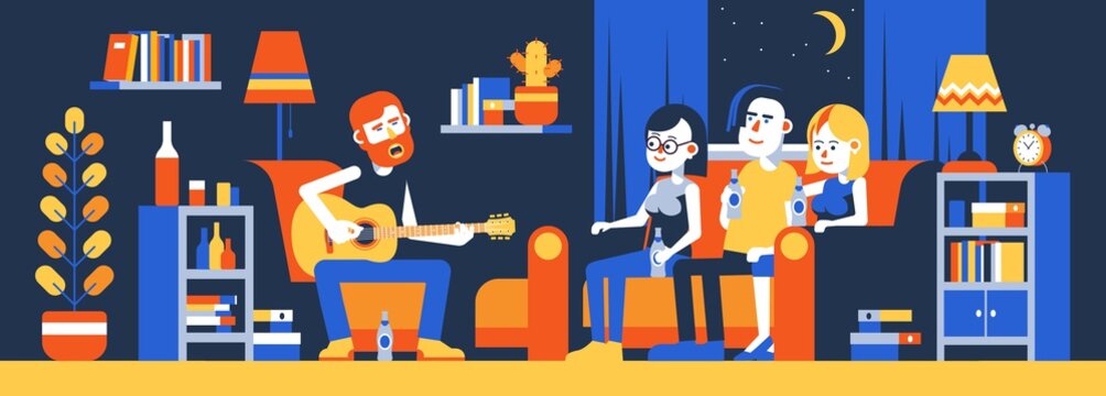 Guy playing guitar at home. Young people at home concert. Guitar party. Vector illustration.