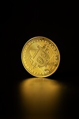 Physical shiny bitcoin agains dark background