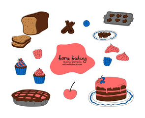 Home baking themed flat vector illustrations. Isolated hand drawn illustrations of homemade pastry and confectionery: cake, pie, cupcakes, cookies, meringue and bread