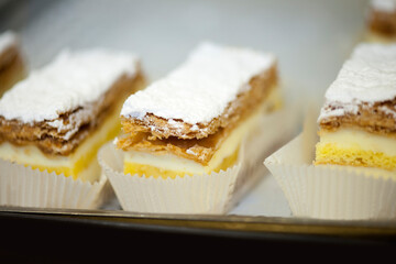 Delicious artisan desserts prepared in an Italian pastry shop. Selective focus