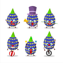 Cartoon character of dark blue easter egg with various circus shows