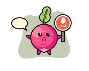 radish character illustration holding a stop sign