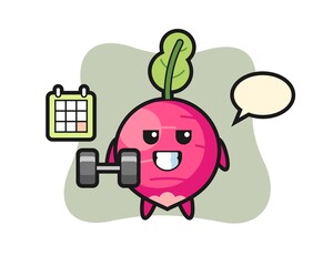 radish mascot cartoon doing fitness with dumbbell