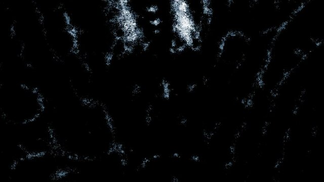Scary gates in alien temple. Creepy face with metal patterns. Evil head in grave. Dark 2D animation in horror genre. Evil head with open mouth. Rust and noise effects. Gloomy character 4K video clip.