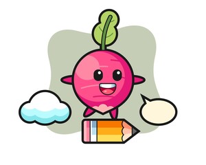 radish mascot illustration riding on a giant pencil
