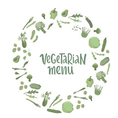 Vegetarian menu handwritten sign with green vegetables. Vector stock illustration for design template vegetarian restaurant. EPS10