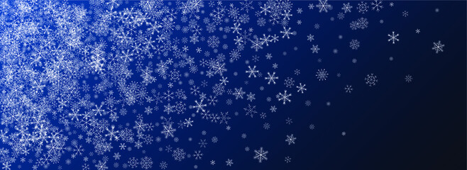 White Snow Vector Blue Background. Sky Snowflake Wallpaper. Gray Christmas Card. Xmas Snowfall Design.