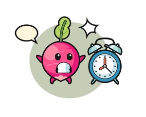 Cartoon Illustration of radish is surprised with a giant alarm clock