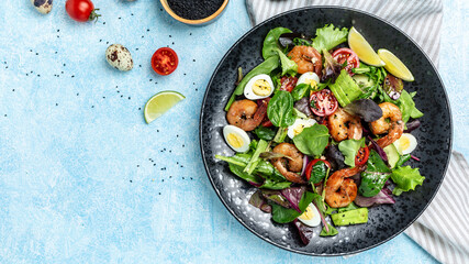 Healthy salad plate. Smoked shrimps and fresh vegetable salad and egg. Grilled prawns. Healthy food. Clean eating. place for text, top view