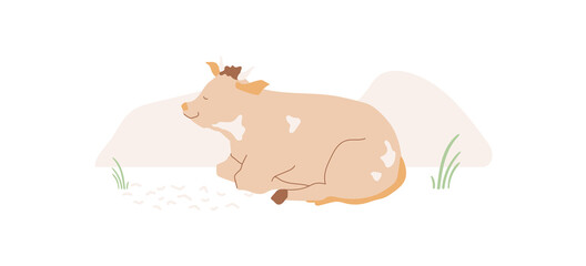 Cow lies on the background of an abstract hill. Grass, fence, and texture isolated on white. Vector illustration. Cartoon character. One domestic animal.