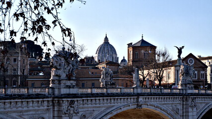 Cityscape of Rome with Tiber river, St.Peters vatican and bridge viewed from Castel Sant Angelo,