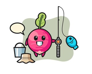 Mascot character of radish as a fisherman