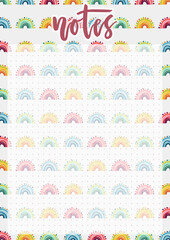 Cute A4 template for notes with lettering and hand drawn rainbows background. Vector print ready organizer and schedule with dotted page. Trendy self-organization concept illustration for 2021.