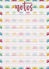 Cute A4 template for notes with lettering and hand drawn rainbows background. Vector print ready organizer and schedule with lined page. Trendy self-organization concept illustration for 2021.