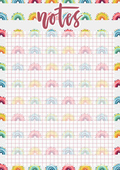 Cute A4 template for notes with lettering and hand drawn rainbows background. Vector print ready organizer and schedule with squared page. Trendy self-organization concept illustration for 2021.