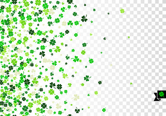 Seamless border on vertical with scattered green clover and shamrock for Saint Patrick's Day greeting isolated on white transparent background. Vector illustration