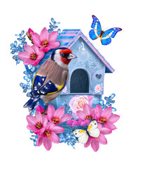 Spring festive easter background, birds sitting near a nest with eggs, a birdhouse on the branches, the first flowers, butterflies, blue pastel colors, 3d rendering