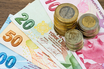 Turkish banknotes and coins. Turkish lira