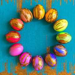 Easter festive elegant background, painted golden multicolored eggs, place for text, top view, 3D rendering