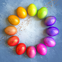 Easter festive elegant background, painted golden multicolored eggs, place for text, top view, 3D rendering