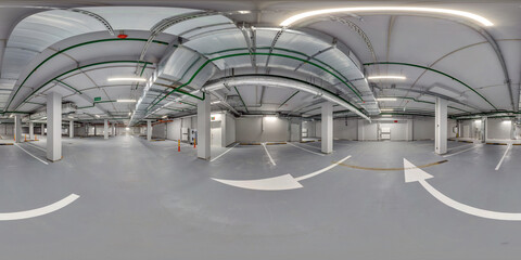 Full  spherical hdri panorama 360 degrees in empty underground garage parking with columns and road...