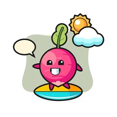 Illustration of radish cartoon do surfing on the beach