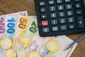 Turkish banknotes and coins. Turkish lira