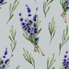 Watercolor pattern with a bouquet of lavender and twigs on a gray background. Seamless texture for textiles, fabrics, prints, wallpapers, backgrounds, etc