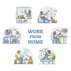 Work from home and remote distant job instead of office workplace outline set
