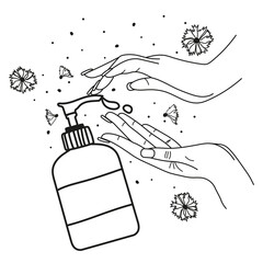 Hand washing. Line vector illustration. Liquid soap and female hands on isolated white background