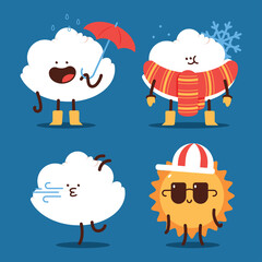 Cute weather characters with funny cloud and sun vector cartoon set isolated on a white background.