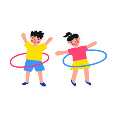 Boy and girl spin hula hoops. 
Vector illustrations on white background.