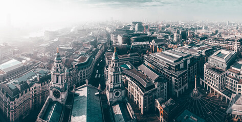 Panoramic view of London from St Paul cathedral on a foggy day