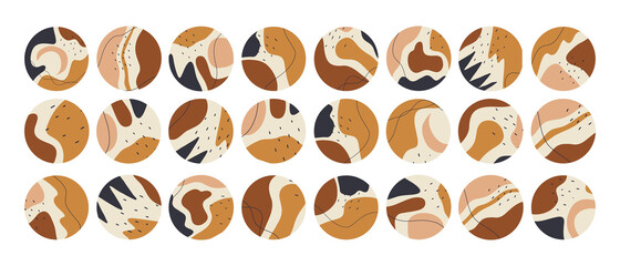 Big set of various vector highlight covers. Abstract backgrounds. Various shapes, lines, spots, dots, doodle objects. Hand drawn templates. Round icons for social media stories. Perfect for bloggers