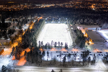 Aerial view of the outdoor huge ice rink in the Oulunkyla neighborhood of Helsinki, Finland.