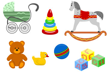 set of children's colorful toys - horse, stroller, bear cub, cubes, pyramid, duck, ball