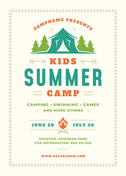 Kids summer camp poster or flyer event retro typography design template and forest lanscape and tent background