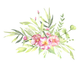 Watercolor floral illustration - leaves and branches bouquets with pink flowers and leaves for wedding stationary, greetings, wallpapers, background. Roses, green leaves. . High quality illustration