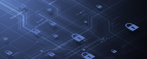 internet digital security technology concept for business background. Lock on circuit board