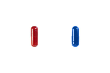 Close up of Red and Blue pills isolated on white background. Clipping path.