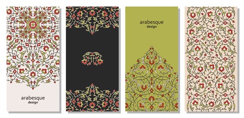 Set of vertical arabesque floral banners. Branches with flowers, leaves and petals © klerik78
