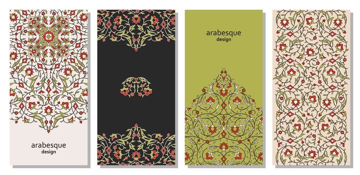 Set of vertical arabesque floral banners. Branches with flowers, leaves and petals
