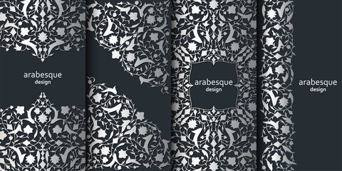 Set of vertical arabesque floral banners. Branches with flowers, leaves and petals © klerik78