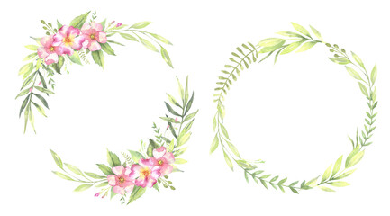 Fototapeta na wymiar Watercolor floral illustration - leaves and branches frame with flowers and leaves for wedding stationary, greetings, wallpapers, background. Roses, green leaves. . High quality illustration
