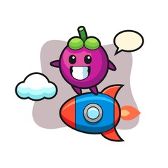 mangosteen mascot character riding a rocket